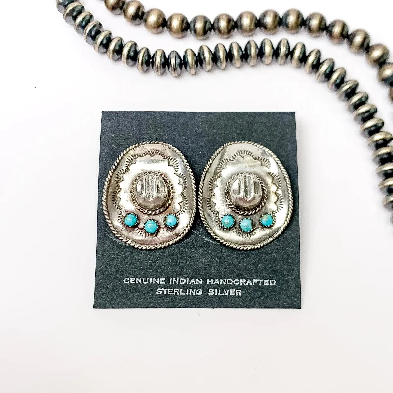 Women’s vintage-inspired earrings-Pam Benally | Navajo Handmade Sterling Silver Cowgirl Hat Stud Earrings with Three Small Turquoise Stones