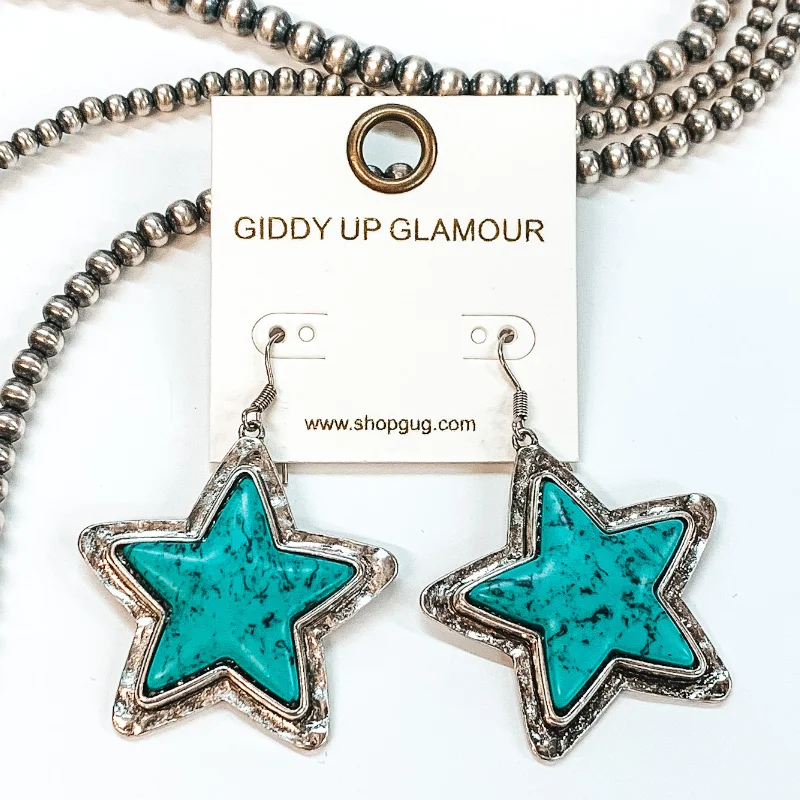 Women’s long earrings-Western Turquoise Star Stone Drop Earrings in Silver