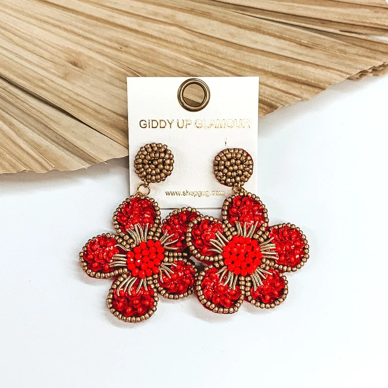 Women’s fashion stud earrings-Beaded Flower Earrings in Red