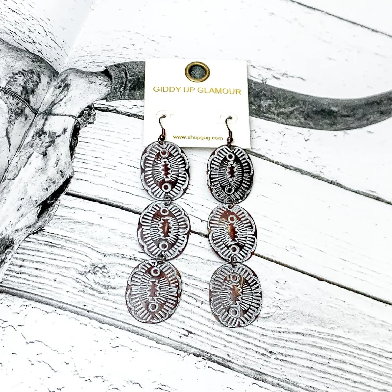 Women’s custom earrings-Three Tier Copper Tone Oval Earrings With White Designs