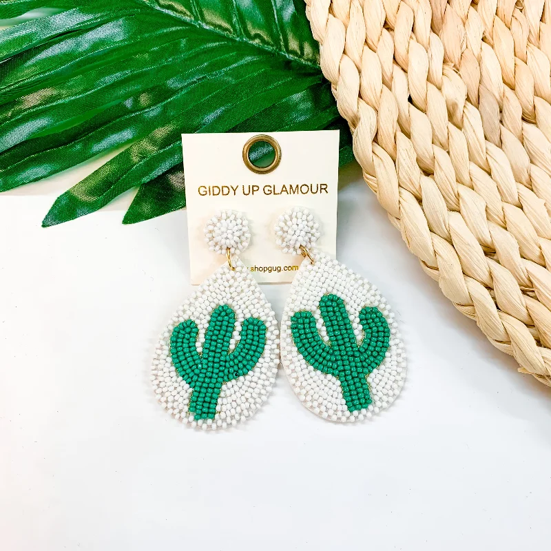 Women’s dangly earrings-Lookin' Sharp Seed Bead Cactus Teardrop Earrings In White and Green