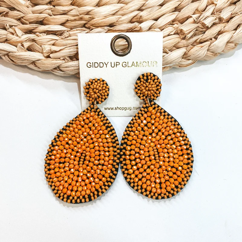 Women’s silver earrings-Crystal Beaded Circle Post Earrings with Large Teardrop Dangle in Orange