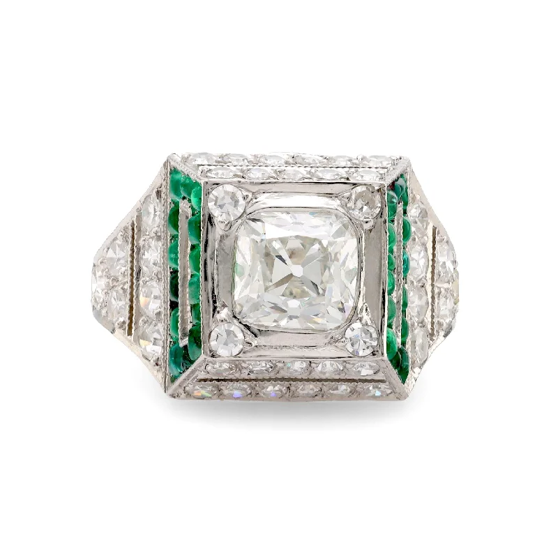 Women’s promise rings-Art Deco GIA 1.51 carat old mine diamond emerald platinum ring