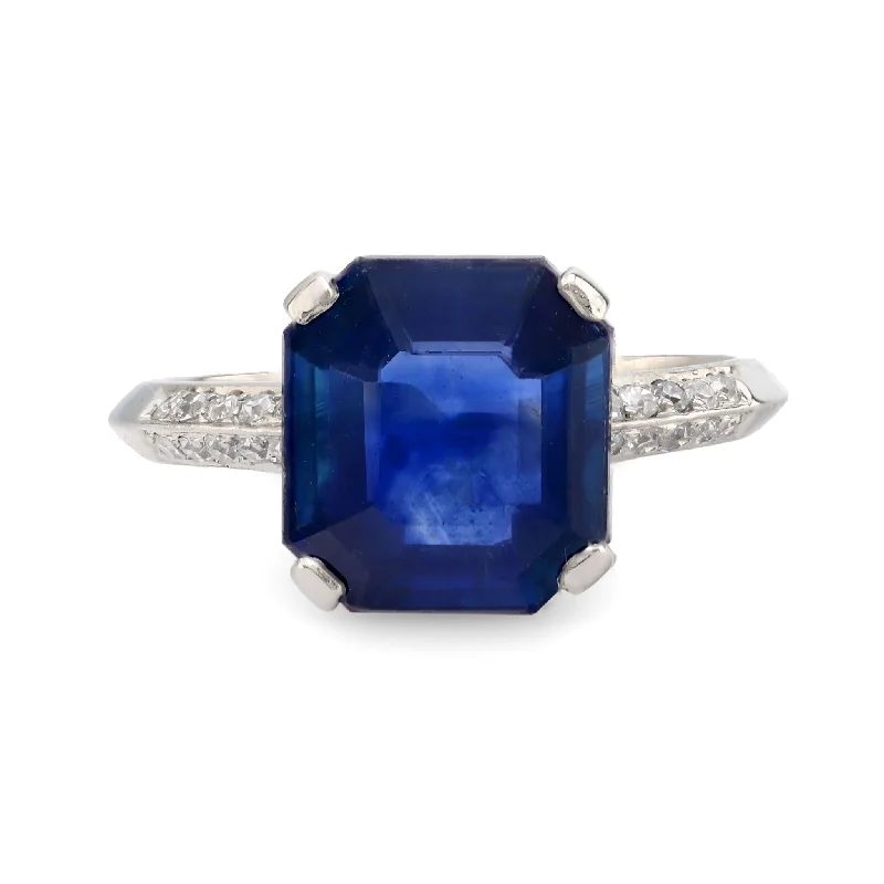 Women’s vintage rings-GIA 4.84 carat Asscher cut blue sapphire diamond platinum ring