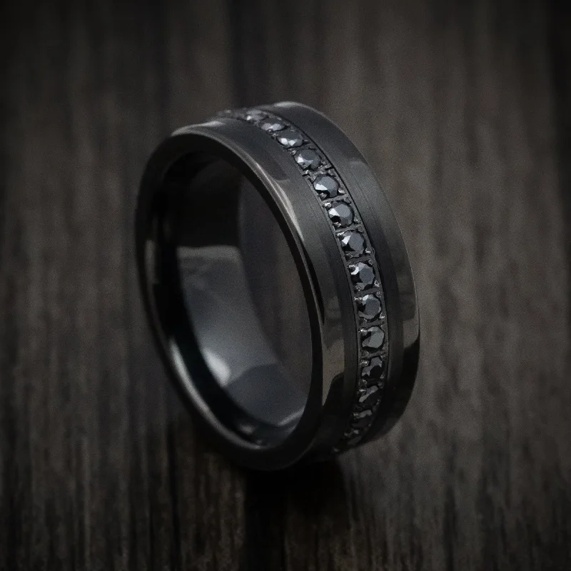 Black Tungsten Men's Ring with Black Stones Custom Made Band