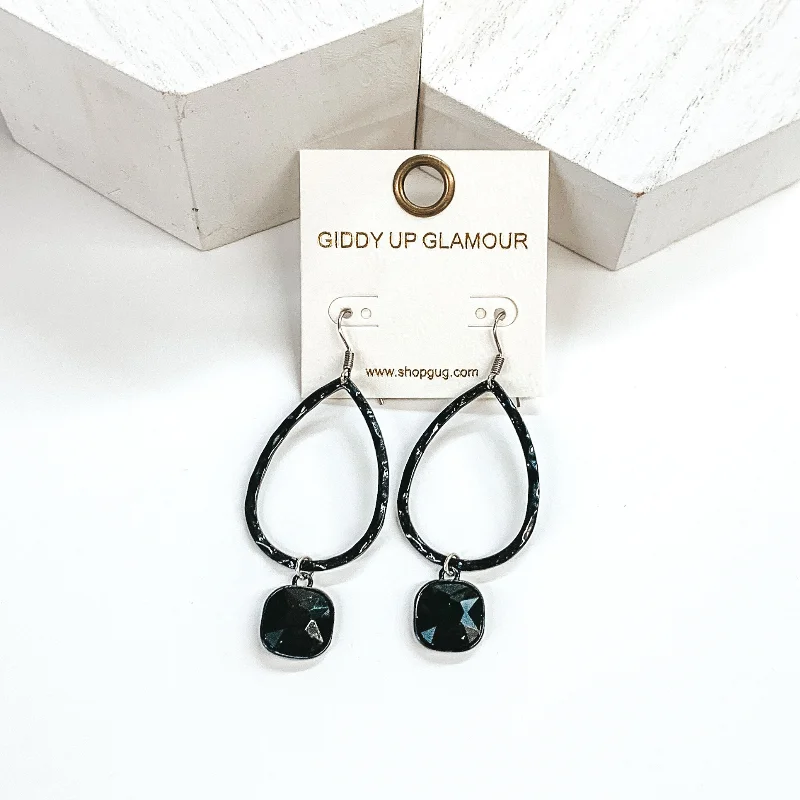 Women’s silver stud earrings-Small Hammered Teardrop Earrings with Black Hanging Crystal in Black