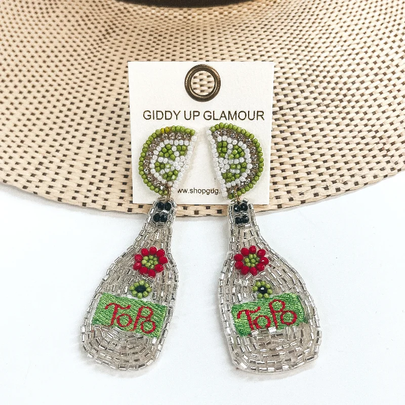 Women’s modern earrings-Beaded Mineral Water Bottle with Lime Studs