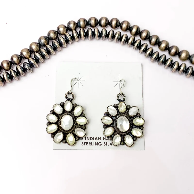 Women’s butterfly earrings-Daniel Benally | Navajo Handmade Sterling Silver Flower Dangling Cluster Earrings with White Water Pearl Stones