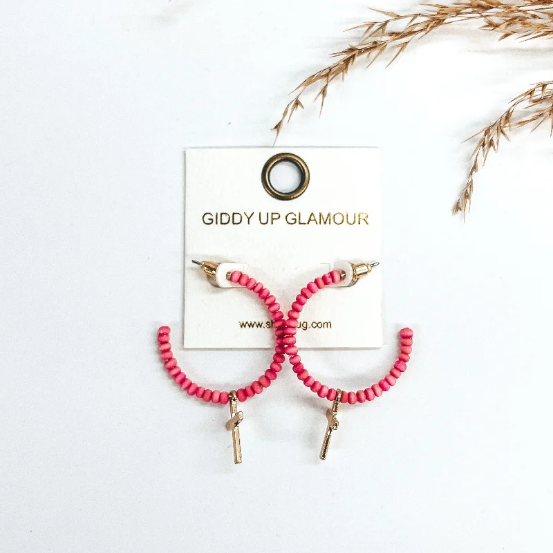 Women’s ruby earrings-Wood Beaded Hoops with Cross Pendant in Pink