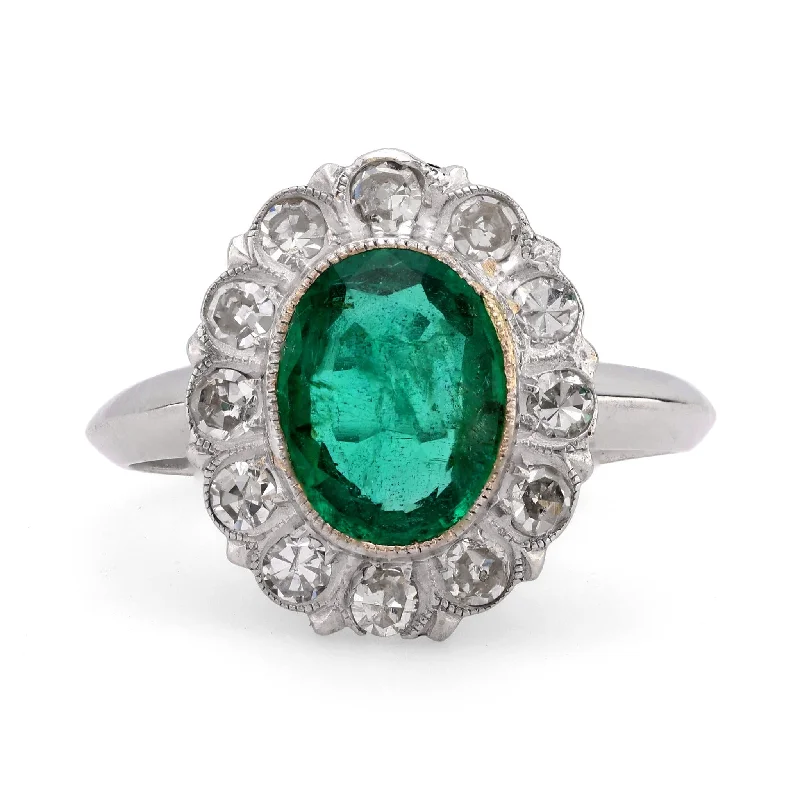 Women’s bohemian rings-Mid Century 1.25 carat emerald diamond 10k white gold cluster ring