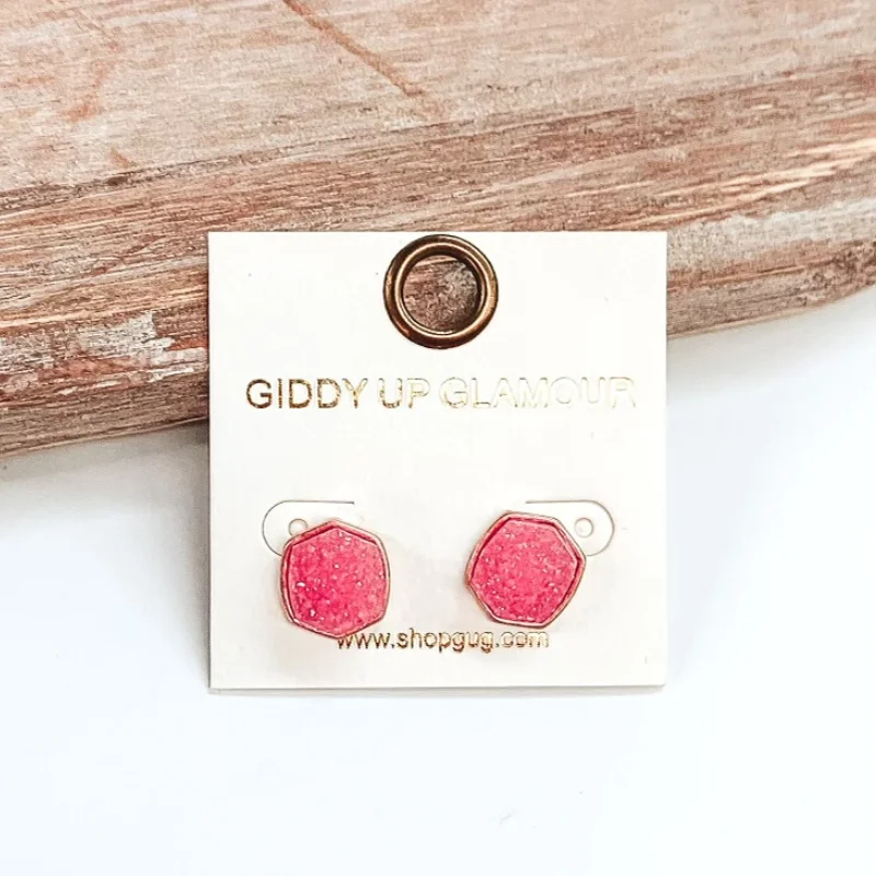 Women’s gold stud earrings-Druzy Hexagon Post Earrings in Pink