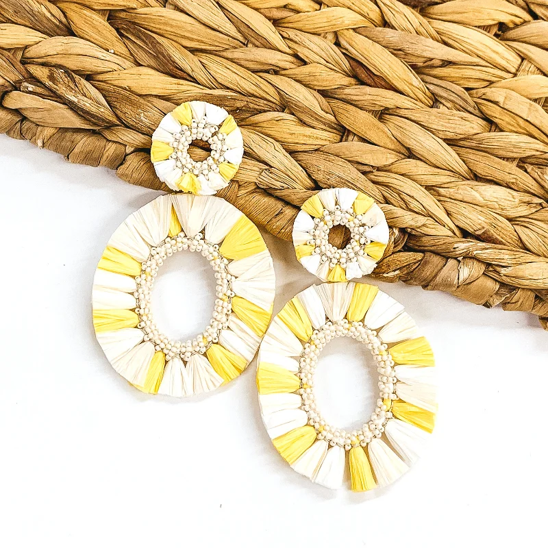 Women’s sterling silver earrings-Siesta Keys Raffia Wrapped Open Oval Earrings in Ivory and Yellow