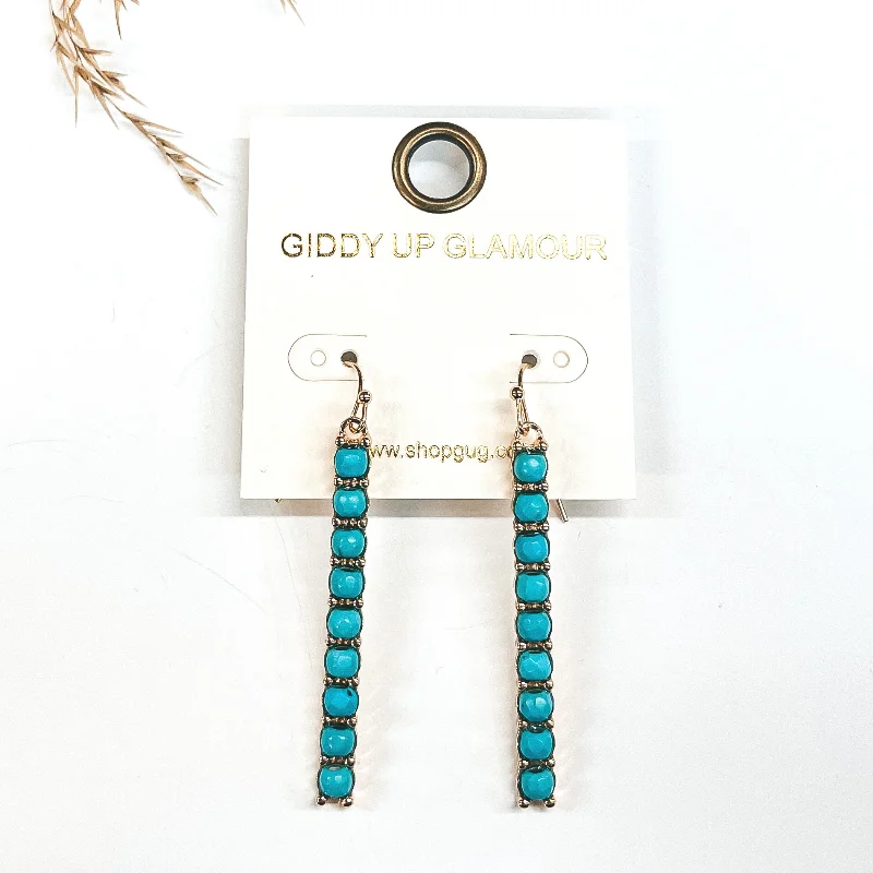 Women’s zirconia earrings-Gold Rectangle Bar Drop Earrings with Turquoise Beads