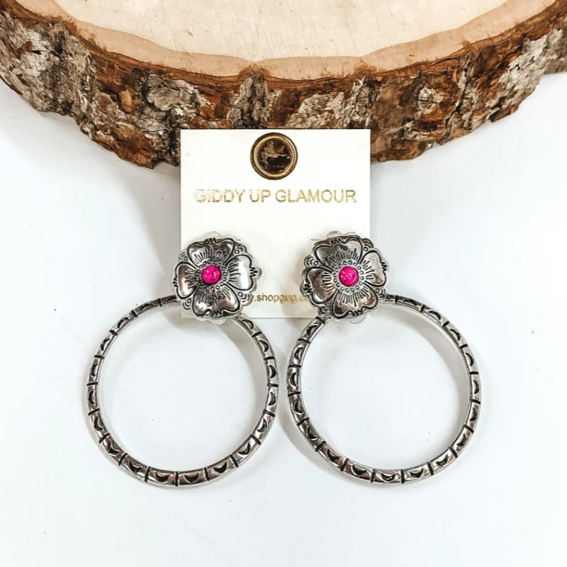 Women’s cubic zirconia earrings-Silver Flower Post Earrings and Open Circle Drop Pendant with Pink Center Stone