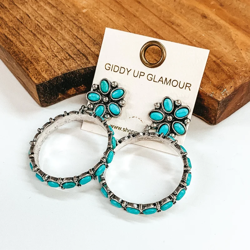 Women’s birthstone earrings-Flower Post Back Concho Earrings with Circle Hoops in Turquoise