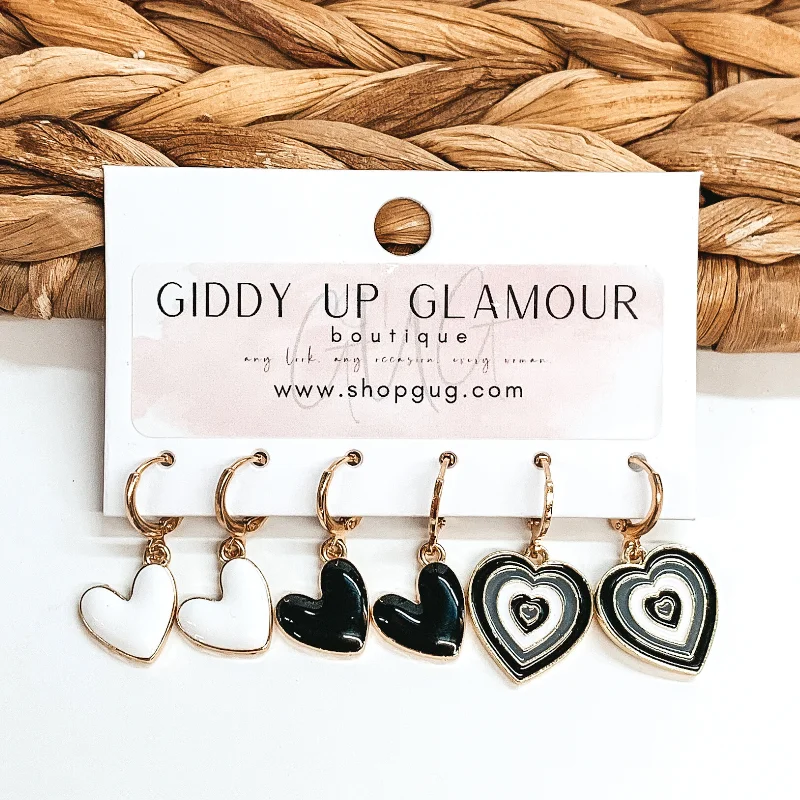 Women’s delicate earrings-Gold Tone Hoop Huggie Earring Set with Black and White Heart Charms