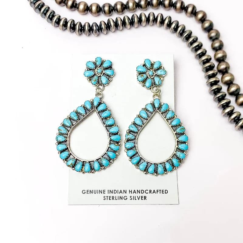 Women’s turquoise earrings-Matilda Benally | Navajo Handmade Sterling Silver Flower Cluster Earring with Dangle Teardrop in Turquoise