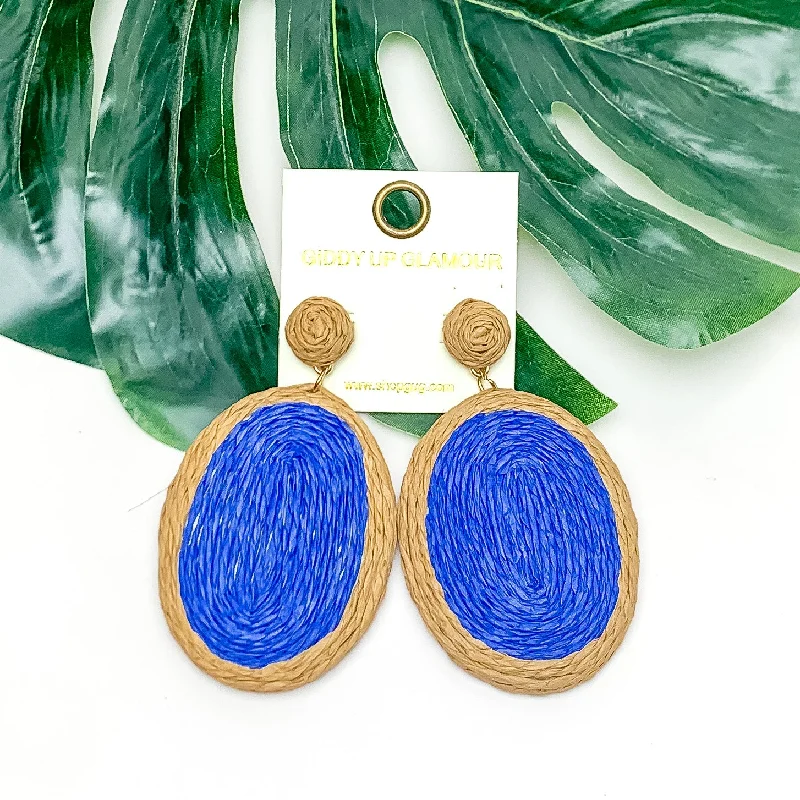 Women’s personalized earrings-Brunch Bash Raffia Wrapped Oval Earrings in Royal Blue