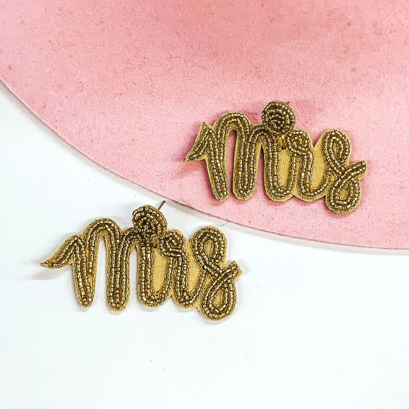 Women’s heart-shaped stud earrings-Wifey Status Beaded "Mrs" Earrings in Gold