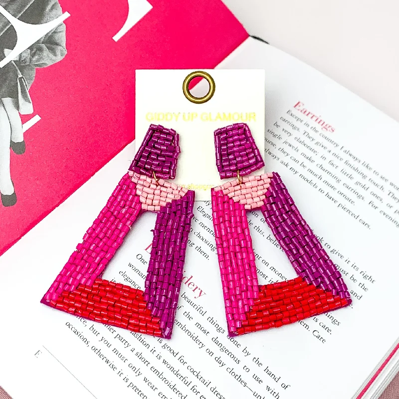 Women’s hoop earrings with crystals-Beaded Rectangle Designed Earrings in Pink, Red, and Purple