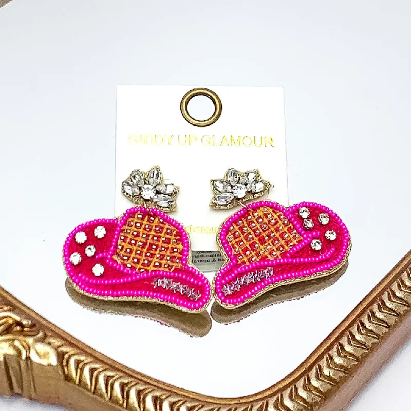 Women’s modern earrings-Dazzling Cowgirl Beaded and Crystal Hat in Hot Pink