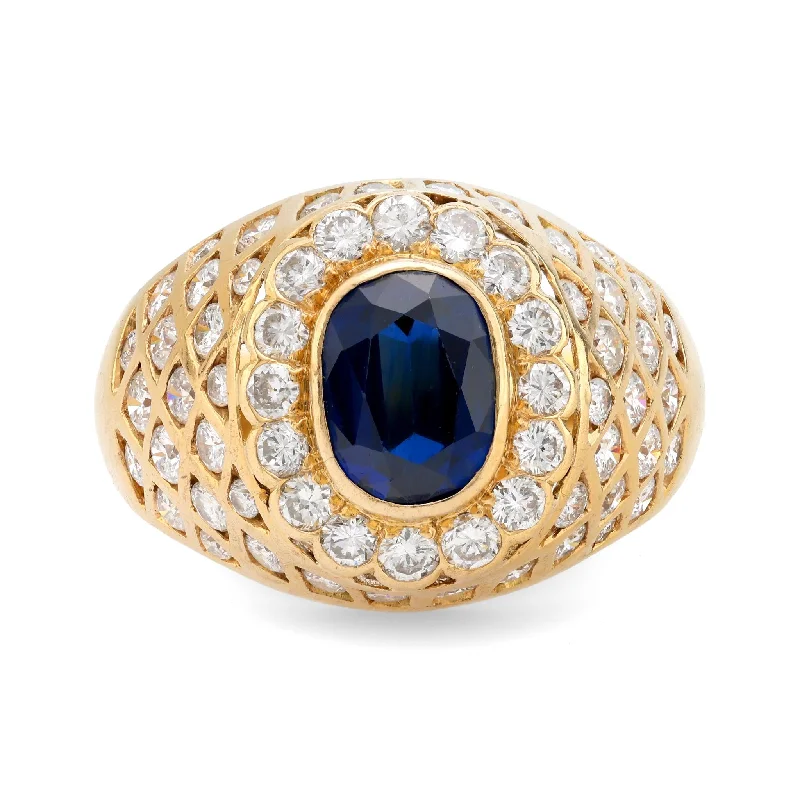 Women’s infinity gemstone rings-GIA 2.10 carat oval cut sapphire diamond 18k yellow gold dome ring