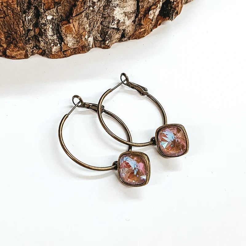 Women’s boho earrings-Pink Panache | Medium Bronze Hoop Earrings with Cappuccino Delight Cushion Cut Drop Crystals