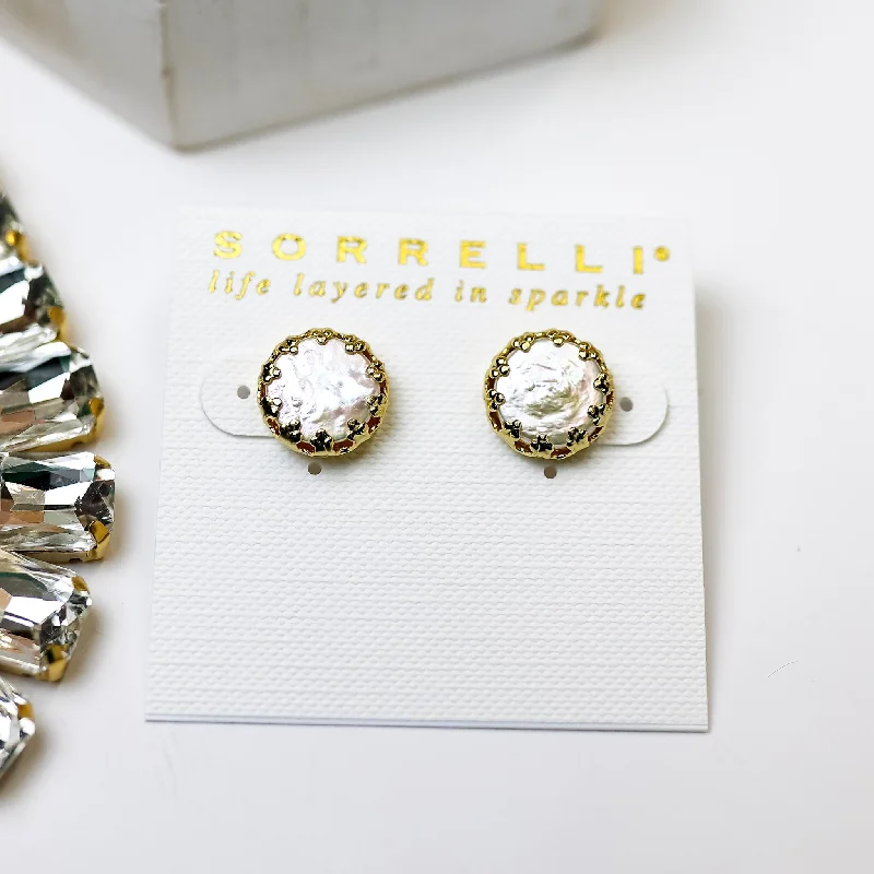 Women’s leaf earrings-Sorrelli | Isabella Stud Earrings in Bright Gold Tone and Polished Pearl