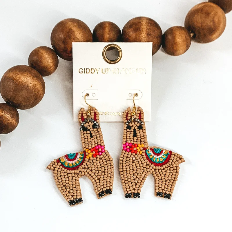 Women’s infinity earrings-Beaded Llama Earrings in Tan