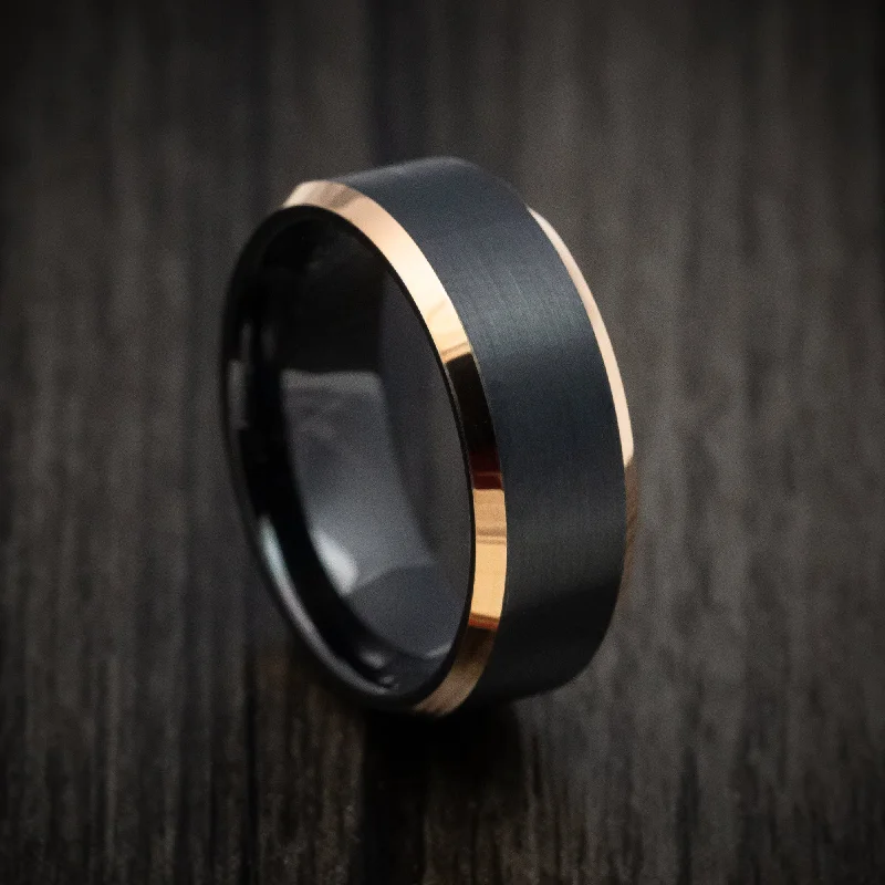 Black Tungsten Men's Ring with Yellow Gold Tungsten Edges Custom Made Band