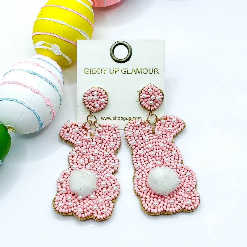 Women’s fashion drop earrings-Beaded Bunny Rabbit Earrings with White Beaded Print in Baby Pink