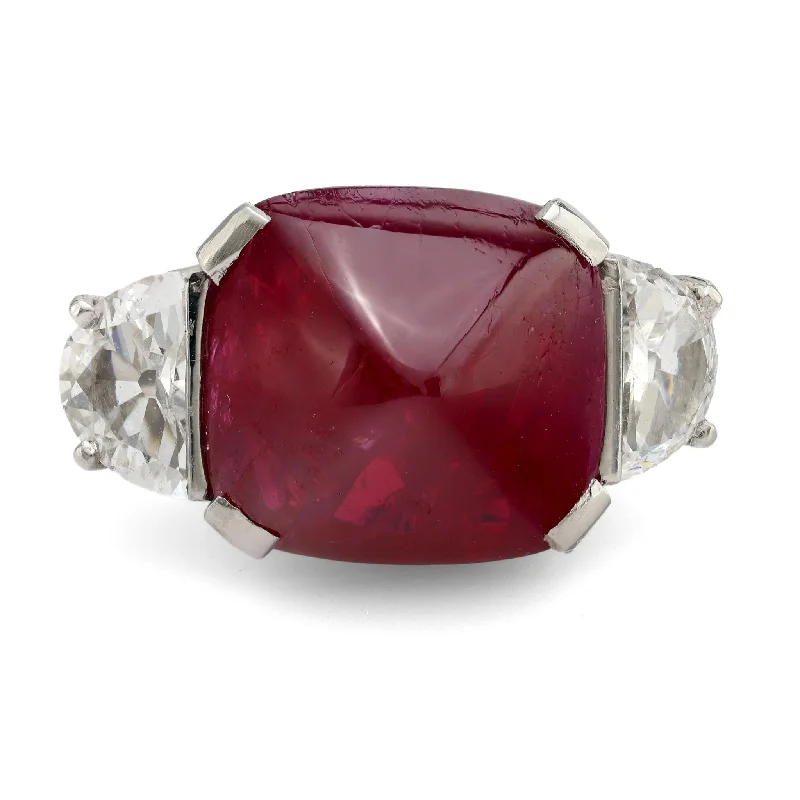 Women’s fine rings-GRS 9.48 carat Burma no heat cabochon ruby diamond platinum ring