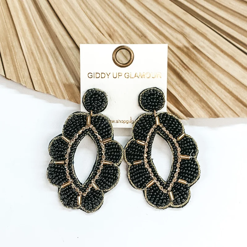 Women’s black diamond earrings-Sweet as Blooms Beaded Open Oval Drop with a Scalloped Edge in Black