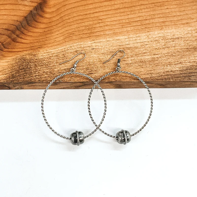 Women’s large hoop earrings-Silver Twisted Circle Drop Earrings with Single Silver Bead