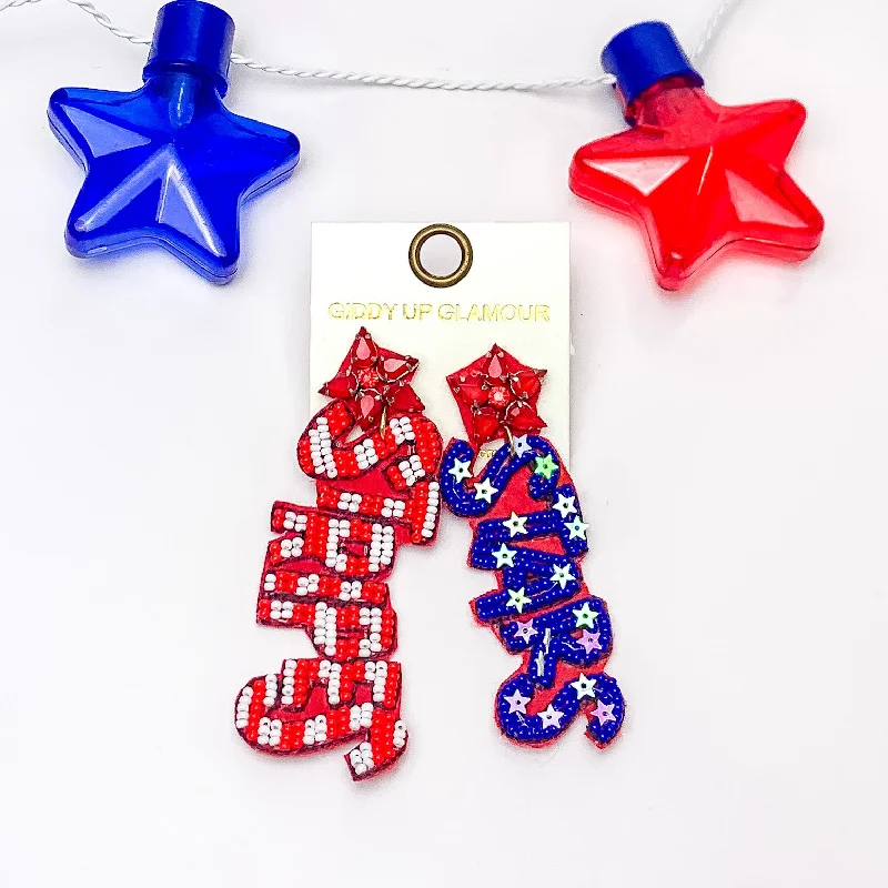 Women’s stylish earrings-STARS & STRIPES Beaded Earrings with Red Crystals