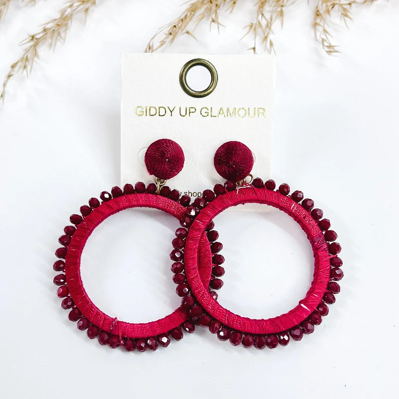 Women’s chandelier earrings-Somewhere Sunny Post Back Circle Drop Earrings with Beads in Burgundy