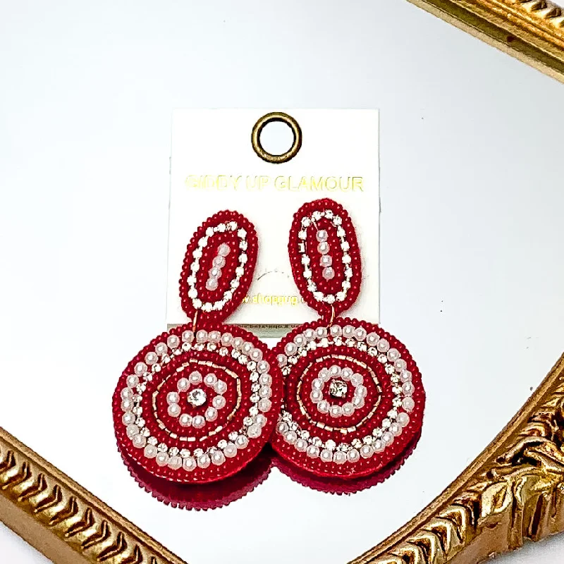 Women’s birthstone earrings-Maroon Circle Earrings With Clear Crystals and Pearls