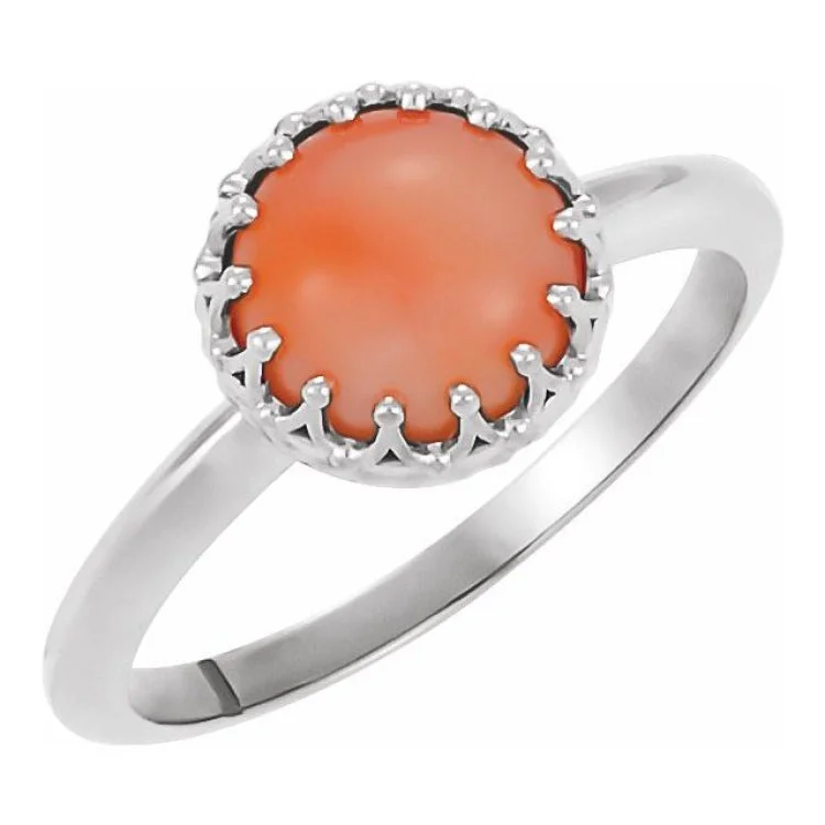 Platinum 6 mm Natural Pink Coral Crown Cabochon Ring