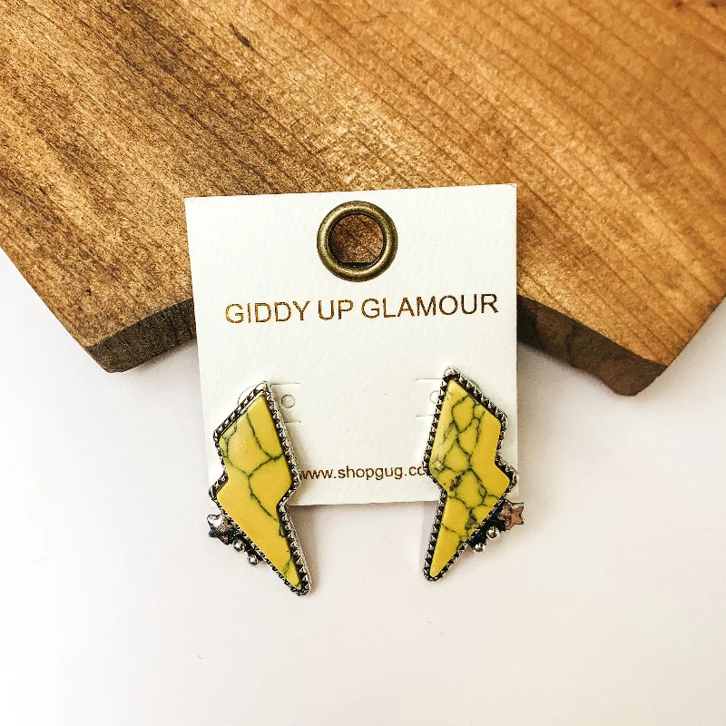 Women’s long earrings-Driving Down Lightning Bolt Stone Post Earrings in Yellow with Silver Detailing