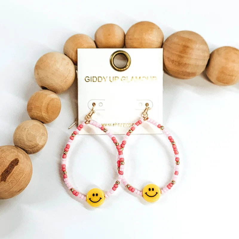 Women’s drop earrings-Beaded Teardrop Earrings with Yellow Happy Face Charm in Pink