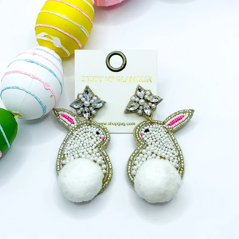 Women’s chain earrings-Beaded Bunny Rabbit Earrings with a Puff Ball Tail in White