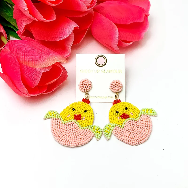 Women’s sapphire earrings-Beaded Hatching Chick Easter Earrings in Light Pink