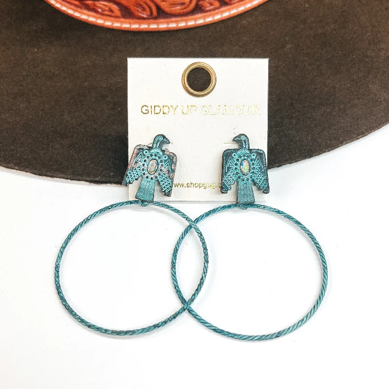 Women’s gold earrings-Soaring High Thunderbird Post Earrings with AB Crystal and Circle Drop in Patina