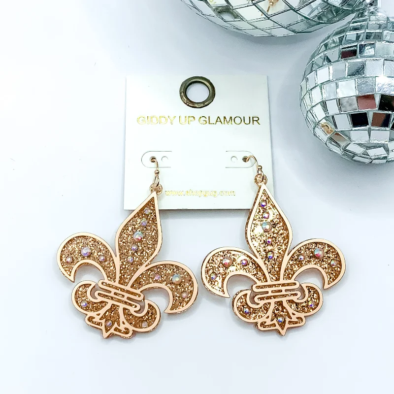 Women’s statement earrings-Glitter Fleur De Lis Earrings with AB Crystals in Gold Tone