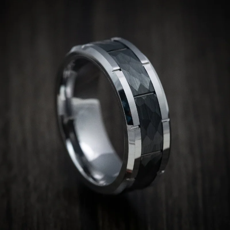 Tungsten and Black Tungsten Hammered Men's Ring