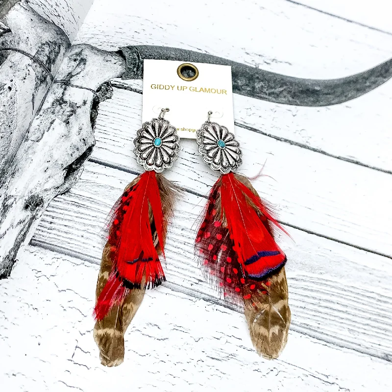 Women’s silver chandelier earrings-Desert Doll Silver Tone Feather Earrings in Red