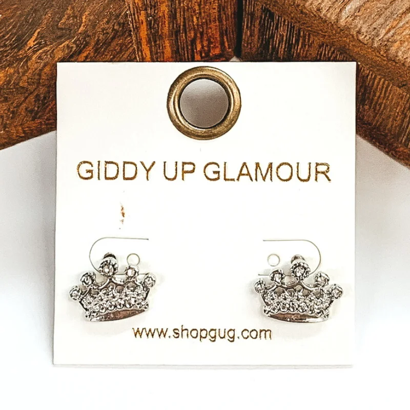 Women’s floral earrings-Crystal Crown Stud Earrings in Silver