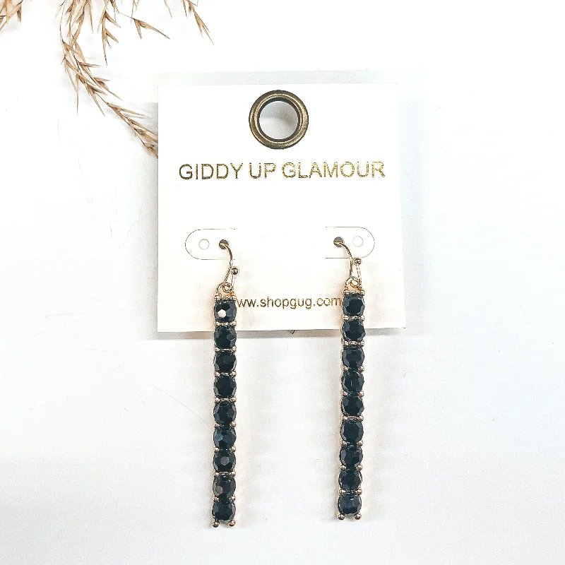 Women’s birthstone hoop earrings-Gold Rectangle Bar Drop Earrings with Black Crystal Beads