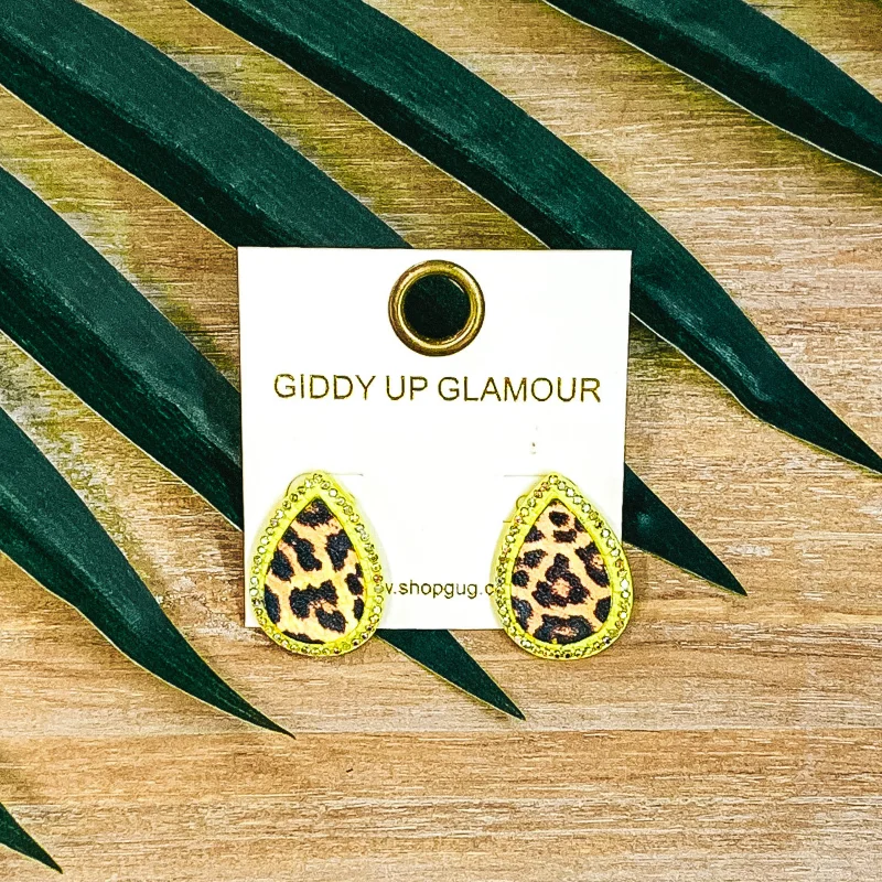 Women’s vintage earrings-Teardrop Leopard Print Studs in Neon Yellow with Multi Crystals