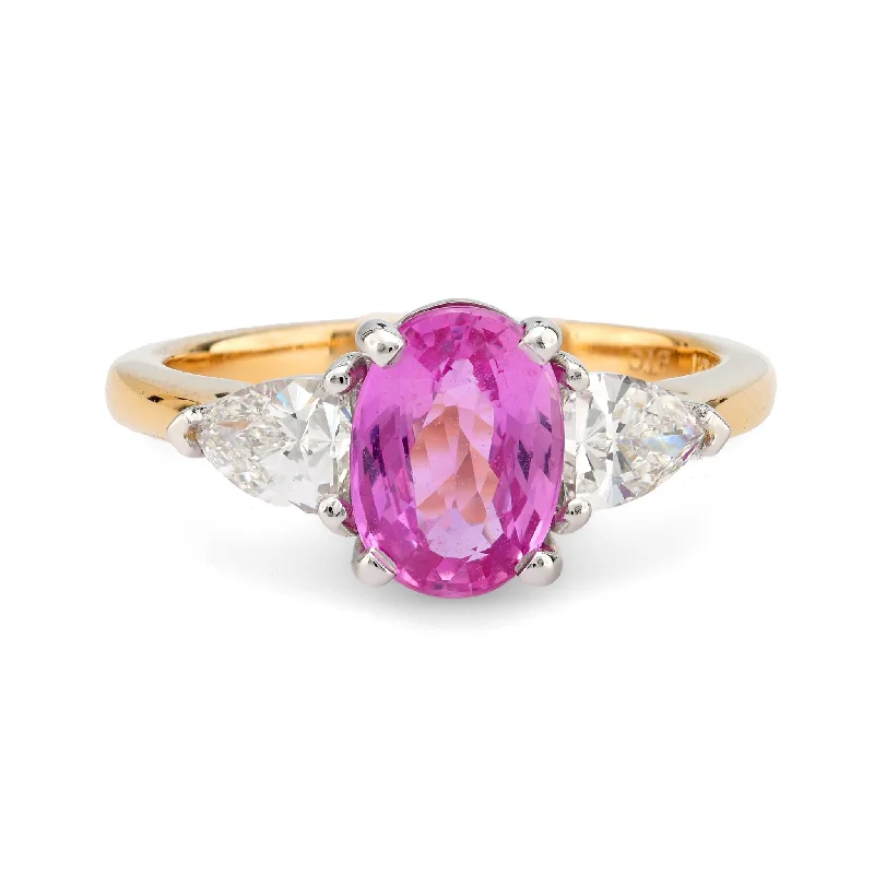 Women’s men’s rings-GIA 2 carat pink sapphire diamond 18k yellow gold three stone ring